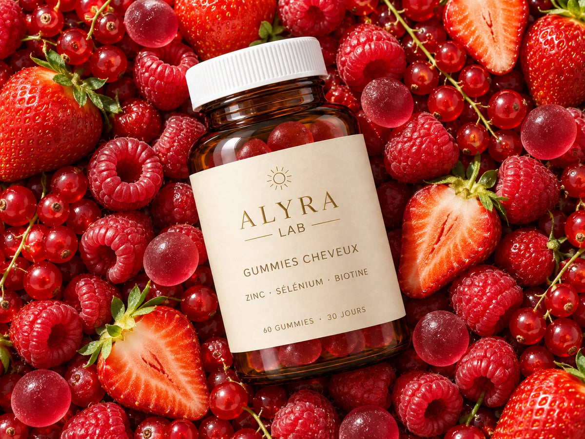 Gummies Cheveux Alyra Lab entourés de framboises, fraises et groseilles