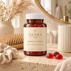 Gummies Cheveux Alyra Lab sur une tablette de salle de bain avec brosse et chouchou