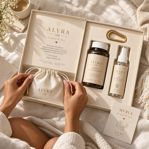 Ouverture du Coffret Alyra : gummies, spray, pochette satin et mousqueton doré