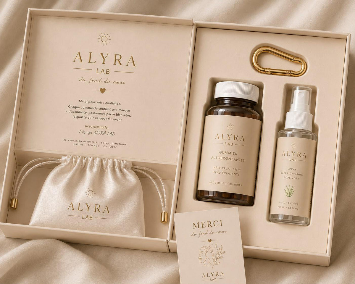 Coffret Alyra Lab : gummies autobronzantes, spray aloe vera, pochette satin et mousqueton doré