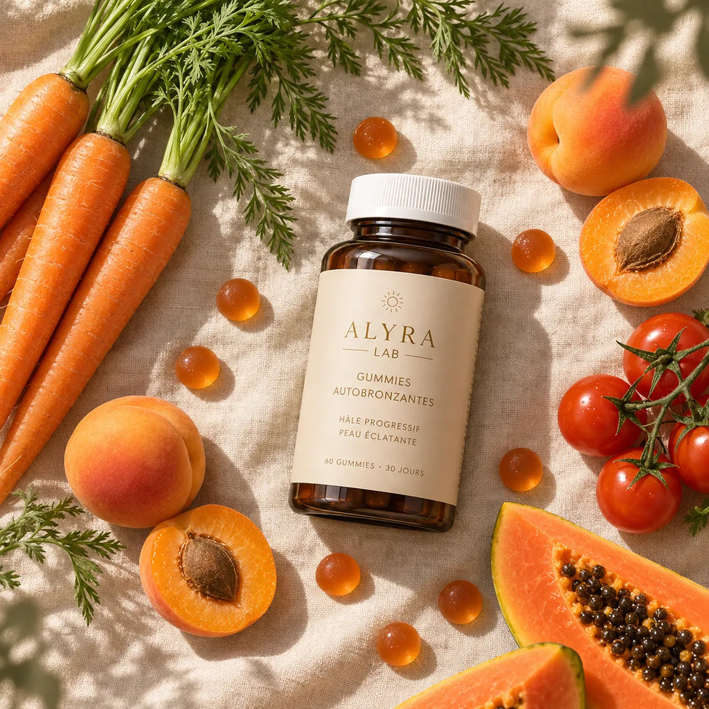 Gummies Autobronzantes Alyra Lab entourés de carottes, abricots, papaye et tomates