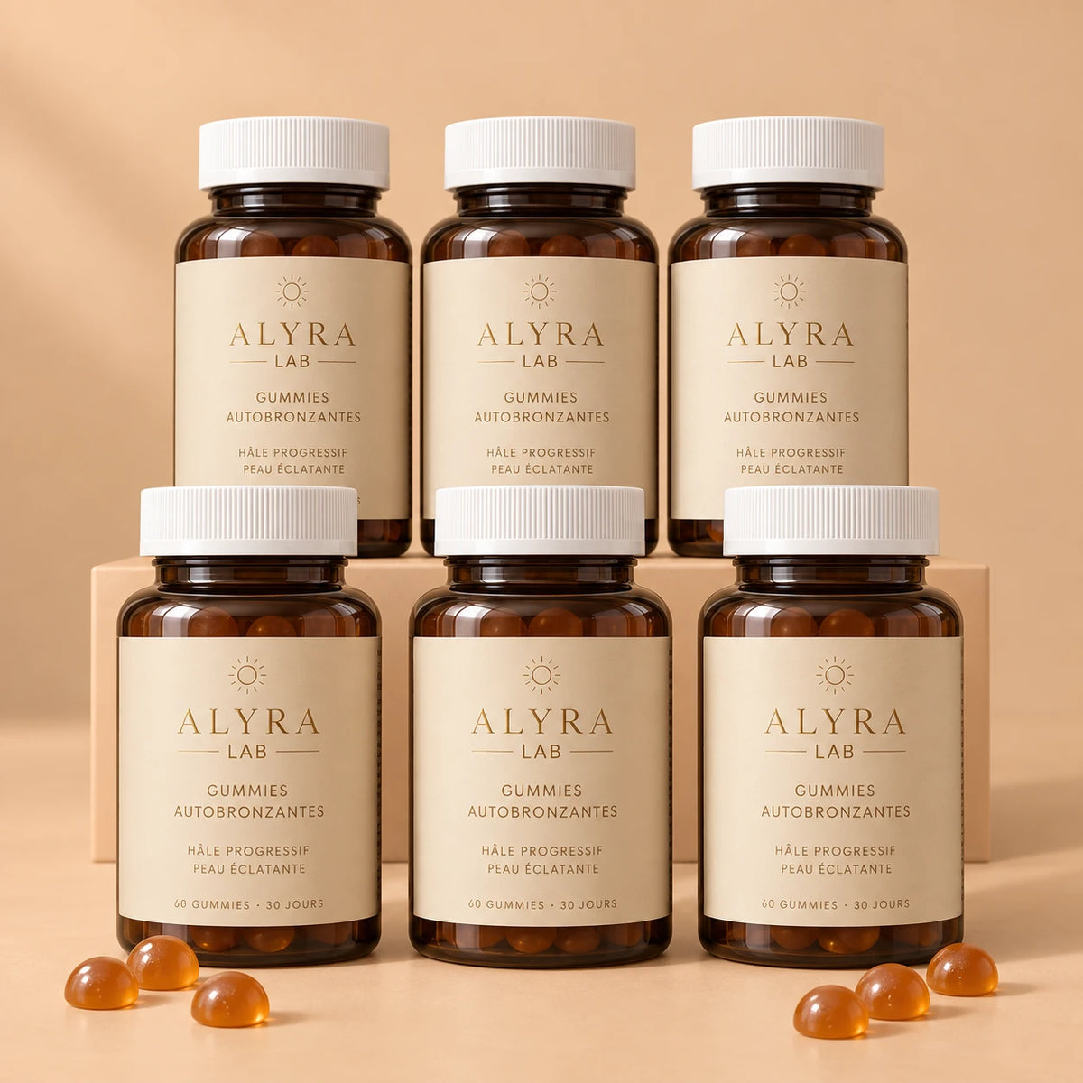 Cure de 6 mois : six flacons de Gummies Autobronzantes Alyra Lab