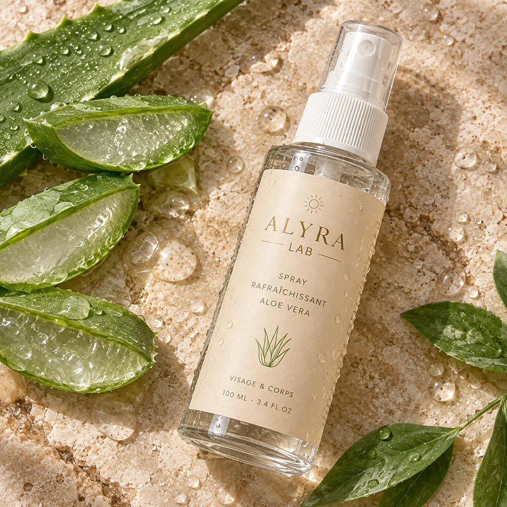 Spray Alyra Lab posé sur la pierre avec des feuilles d'aloe vera fraîches